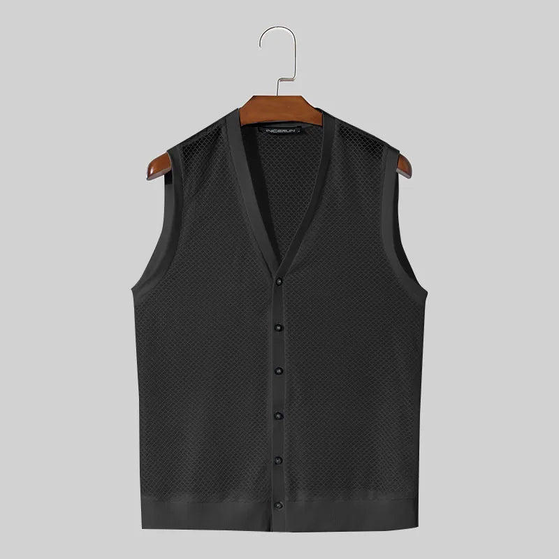 Fashion Leisure Style Tops INCERUN Men Personality Hollow Mesh Vests Summer Sexy Male Hot Sale V-neck Sleeveless Tank Tops S-5XL