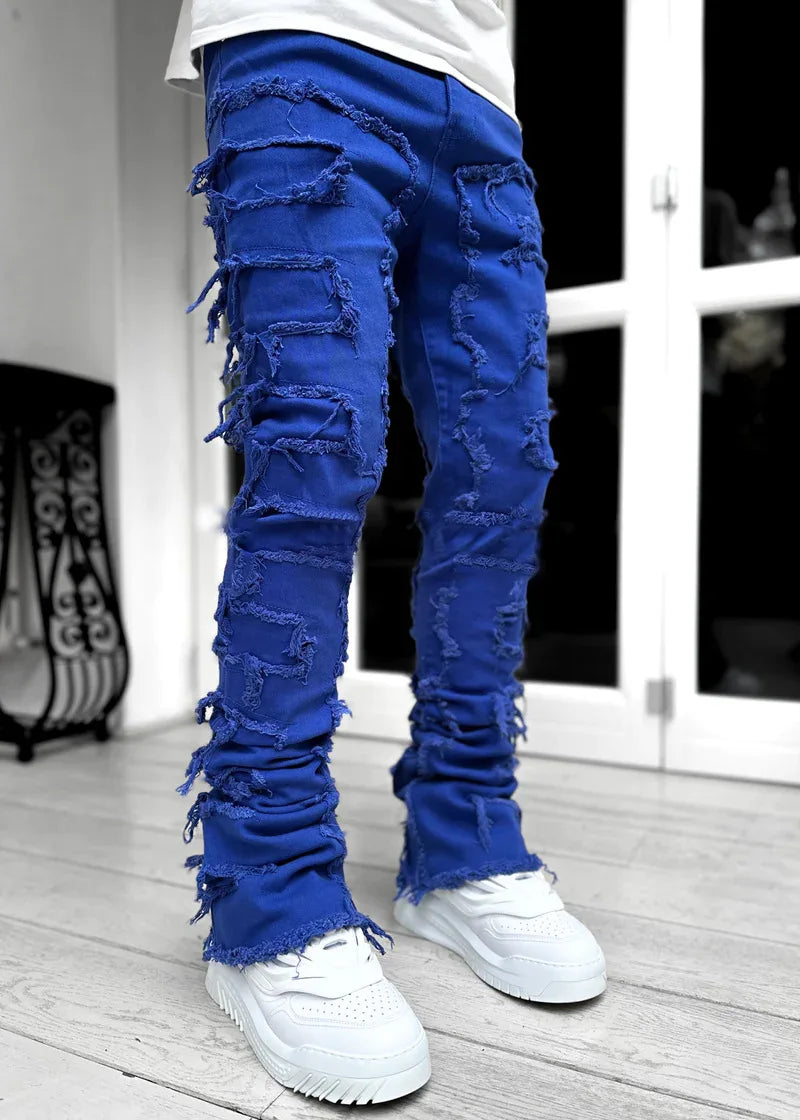 High Street White Men's Stacked Jeans Stretched Patchwork Tassel Damaged Denim Full Length Pants Hip-pop Trousers For Male 