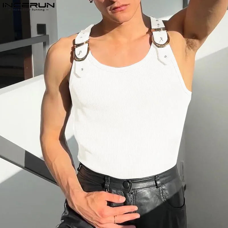 INCERUN Tops American Style Fashion New Men Deconstruction Design Metal Buckle Mesh Vests Casual Streetwear Male Solid Tank Tops