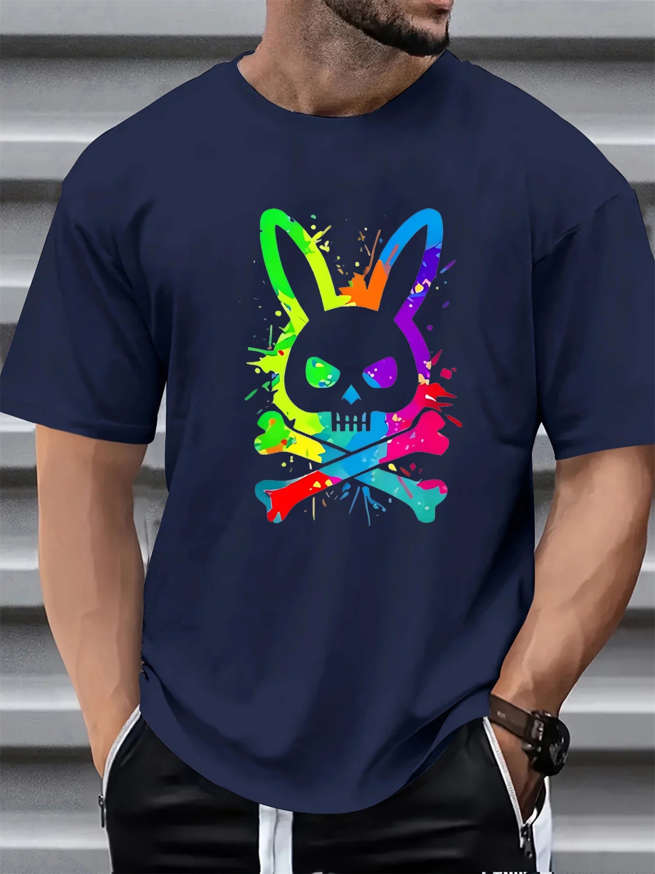 Men's summer 100% pure cotton fashionable casual loose color skull and rabbit print sports round neck short sleeved T-shirt top