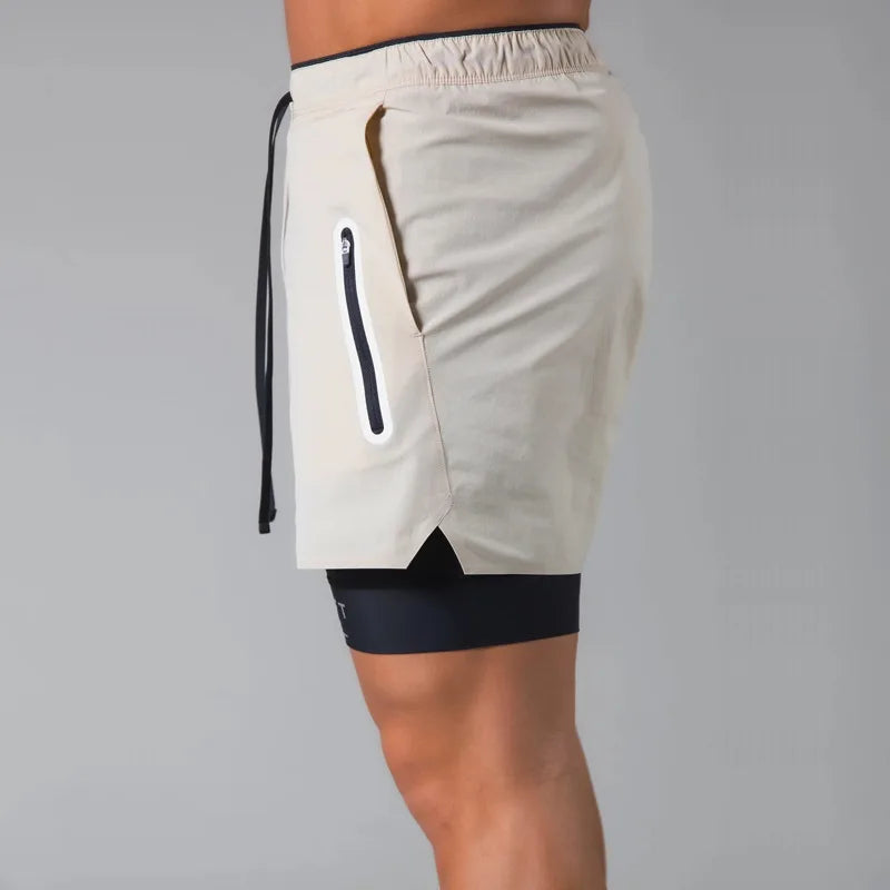 Double-deck fitness sports shorts men summer quick drying breathable woven Shorts Men's 2 IN 1training Gyms clothing