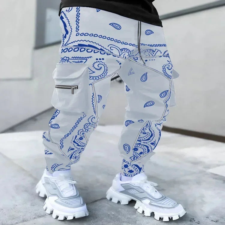 New Men's Cargo Pants Trend Printed Loose Hip Hop Fashion Street Wear Big Pocket Overalls Men Bright Color Four Seasons Trousers