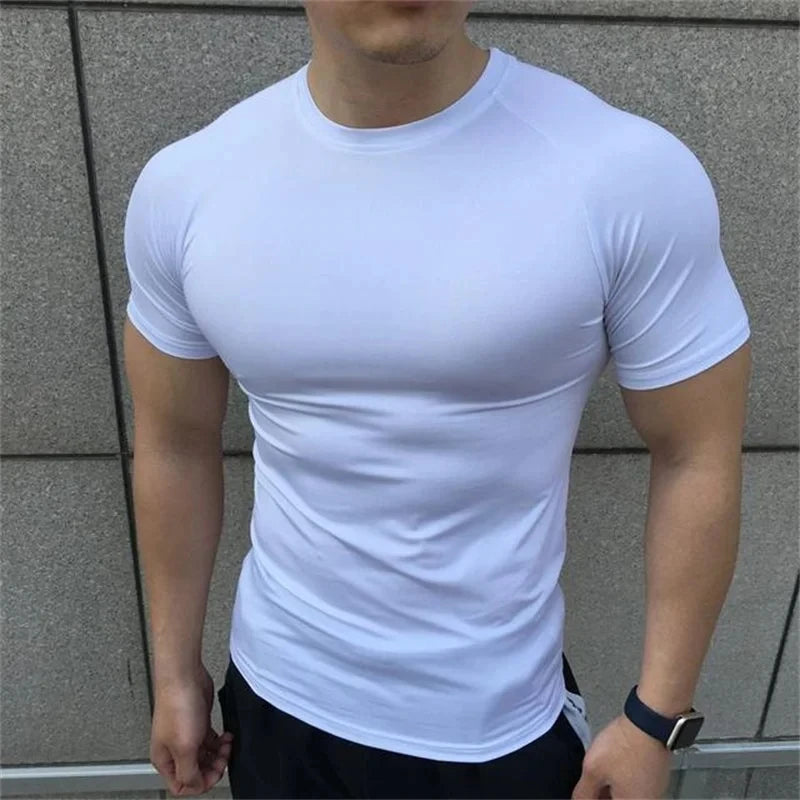 2025 New Men Summer Short Sleeve Fitness Shirt Running Sport Gym Compression T Shirt Workout Casual Elastic Force Tops Clothing