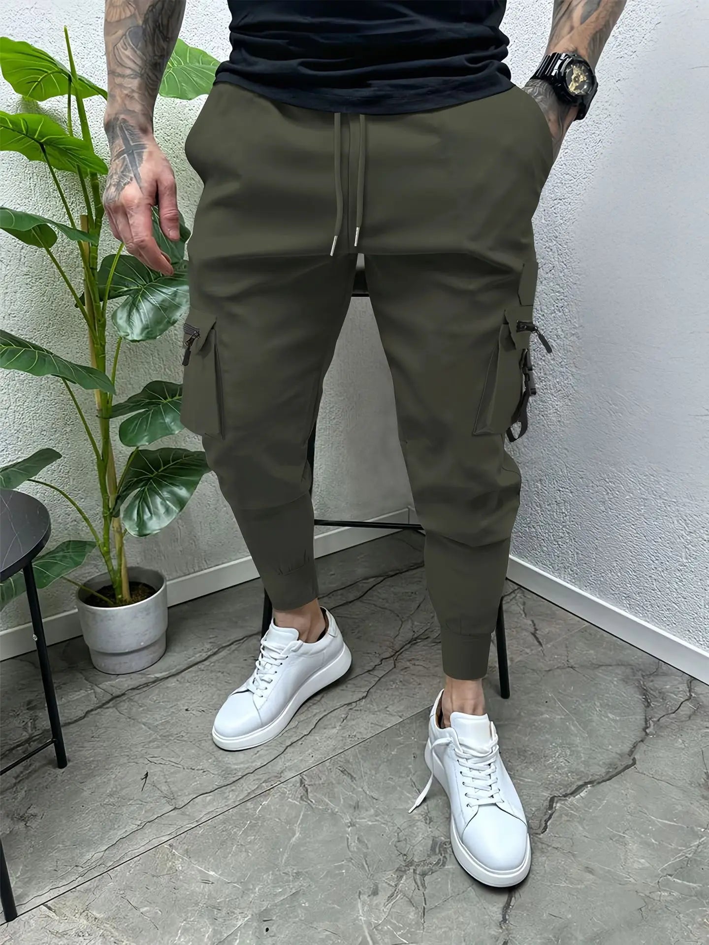 Spring and autumn men's small foot cargo pants casual comfortable cotton multi-pocket drawstring slim-fit fashion sports pants
