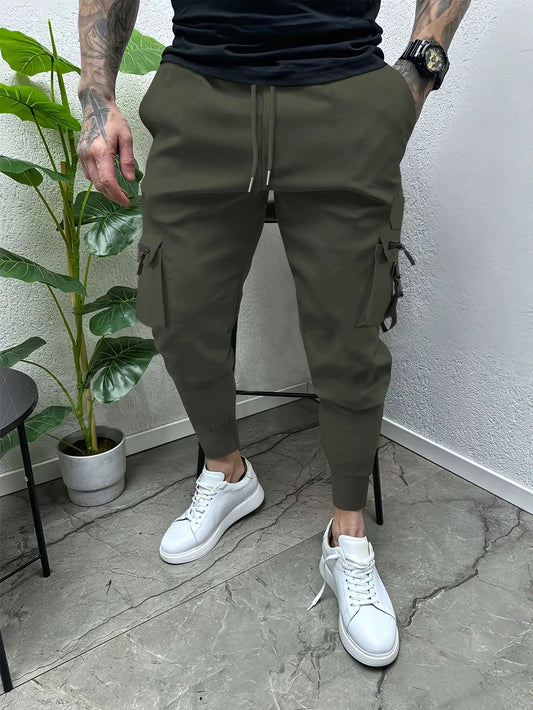 Spring and autumn men's small foot cargo pants casual comfortable cotton multi-pocket drawstring slim-fit fashion sports pants