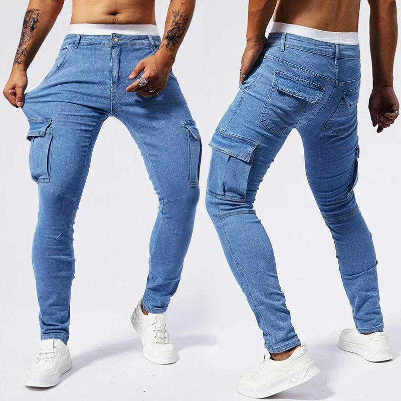 2025 New Men Street Elastic Denim Jeans Multi Pockets Cargo Pants Casual Slim Denim Trousers Fashion Y2k Joggers Baggy Man Pants