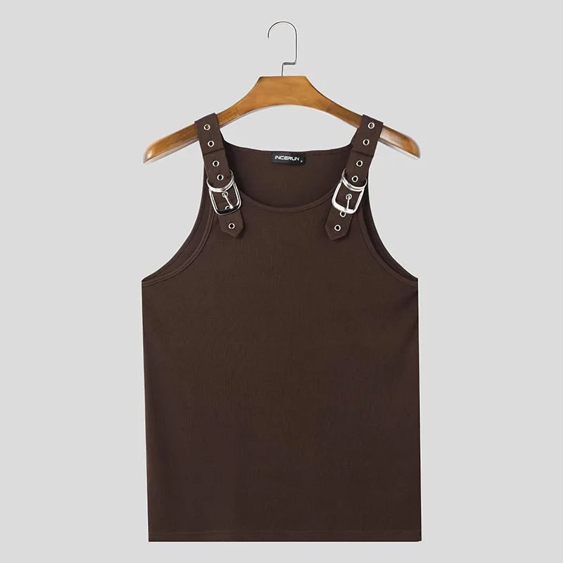 INCERUN Tops American Style Fashion New Men Deconstruction Design Metal Buckle Mesh Vests Casual Streetwear Male Solid Tank Tops