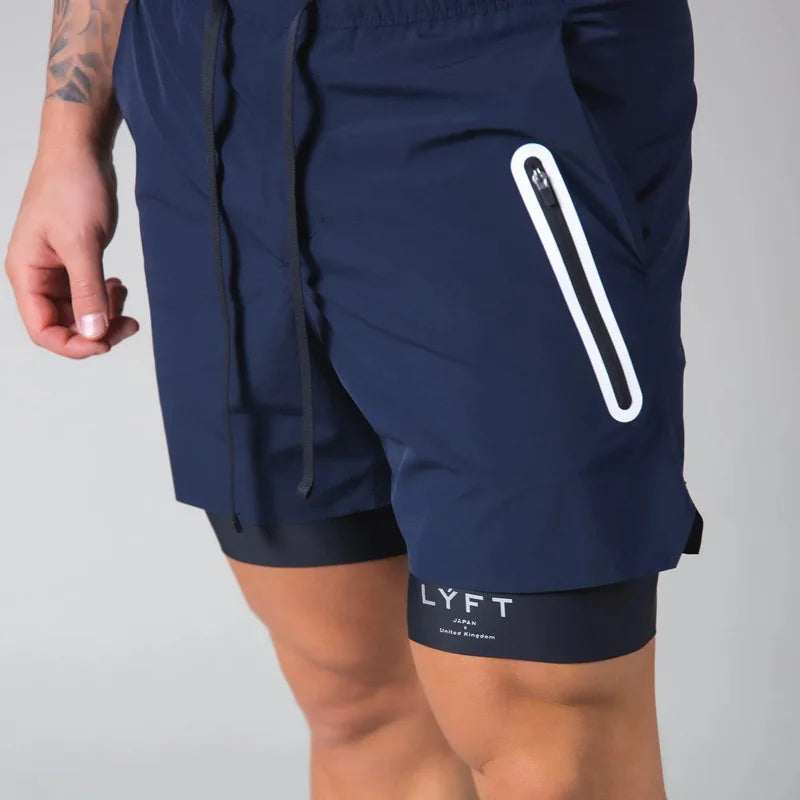 Double-deck fitness sports shorts men summer quick drying breathable woven Shorts Men's 2 IN 1training Gyms clothing