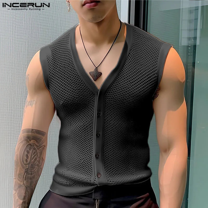 Fashion Leisure Style Tops INCERUN Men Personality Hollow Mesh Vests Summer Sexy Male Hot Sale V-neck Sleeveless Tank Tops S-5XL