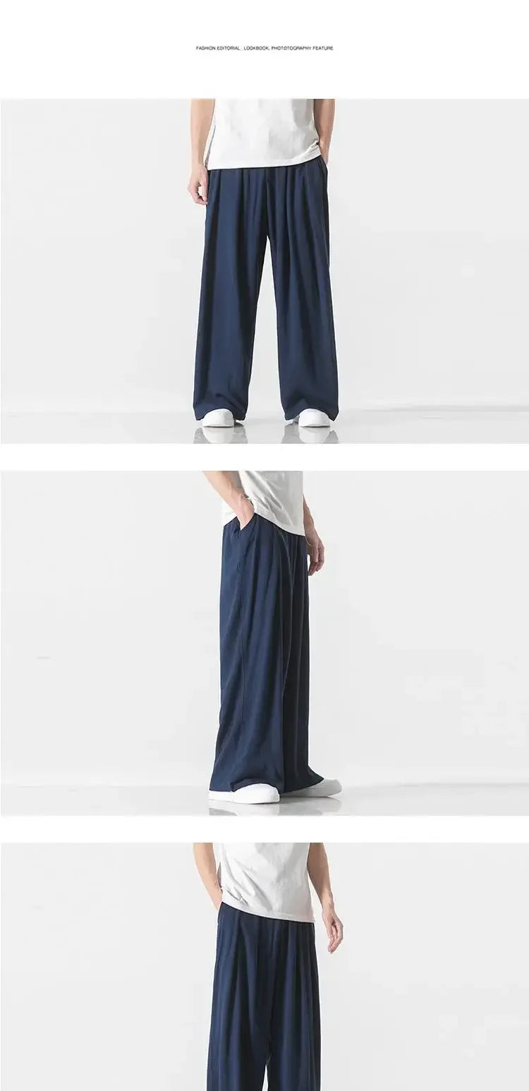 Hanfu Spirit Draped Linen Pants For Men Straight-leg Casual Trousers Chinese Style Loose-fit Ancient Wide-leg Song Trousers