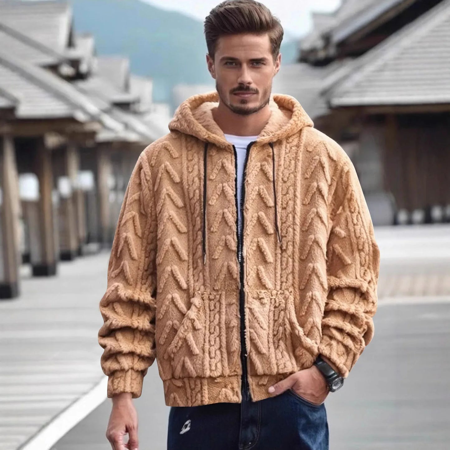 Men fleece hooded sweatshirt casual streetwear warm soft cozy pullover unisex vintage trendy oversized stylish winter fashion
