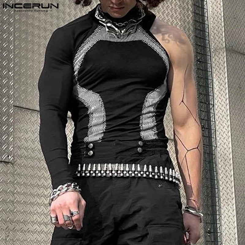 Men Simple Camisetas Men INCERUN Well Fitting Long Sleeved Handsome Knitted T-Shirts 2024 Casual Printing Stand Collar Male Tops