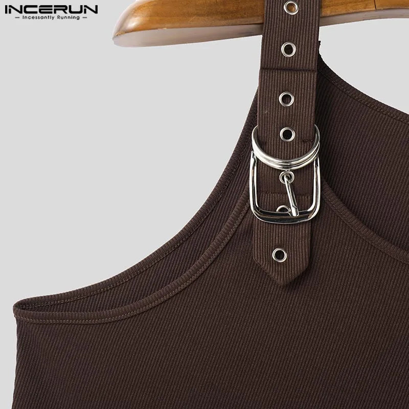 INCERUN Tops American Style Fashion New Men Deconstruction Design Metal Buckle Mesh Vests Casual Streetwear Male Solid Tank Tops
