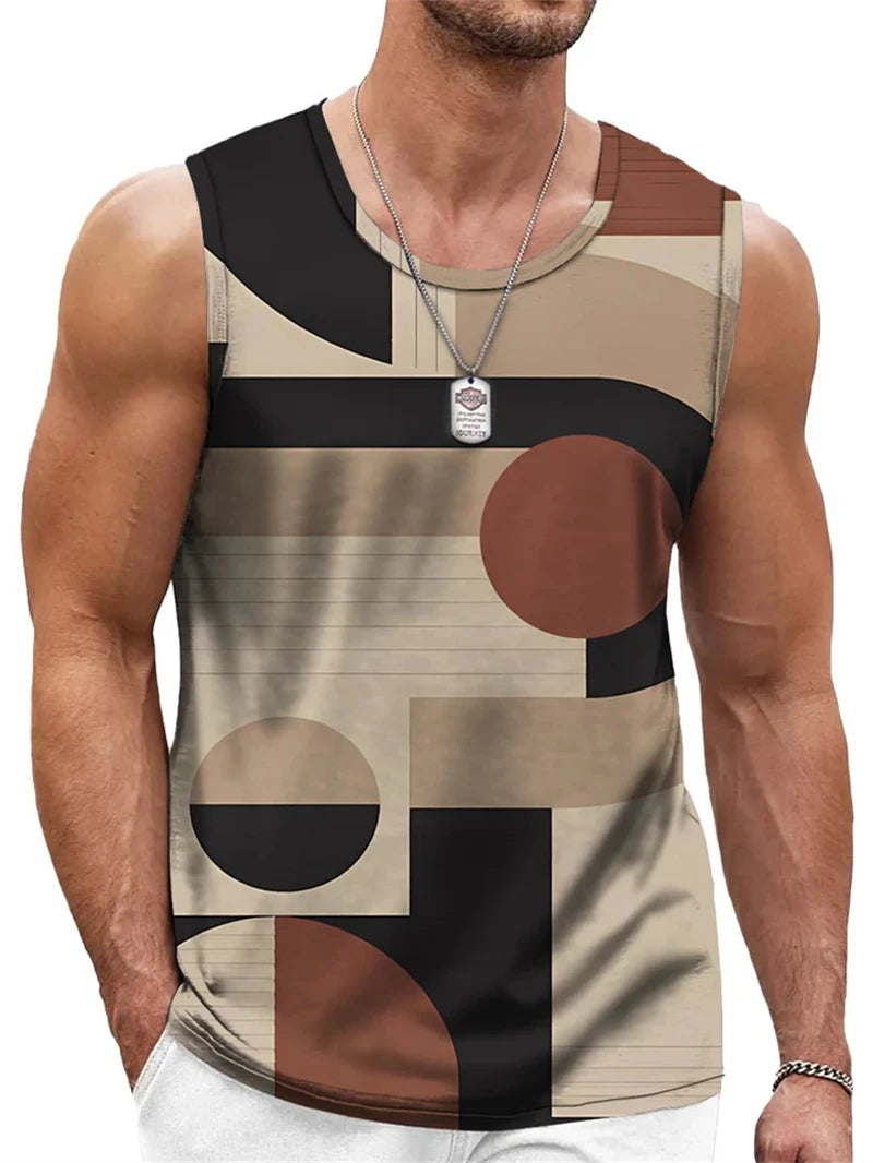 Mens Retro Geometric 3D Printed Tank Top Summer Casual Crew Neck Fashion Trend Sleeveless Vest Loose Breathable Sports Tops