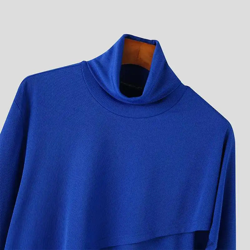 INCERUN Men Irregular Pullovers Solid Color Turtleneck Long Sleeve Knitted Casual Sweaters Streetwear Autumn 2023 Men Clothing