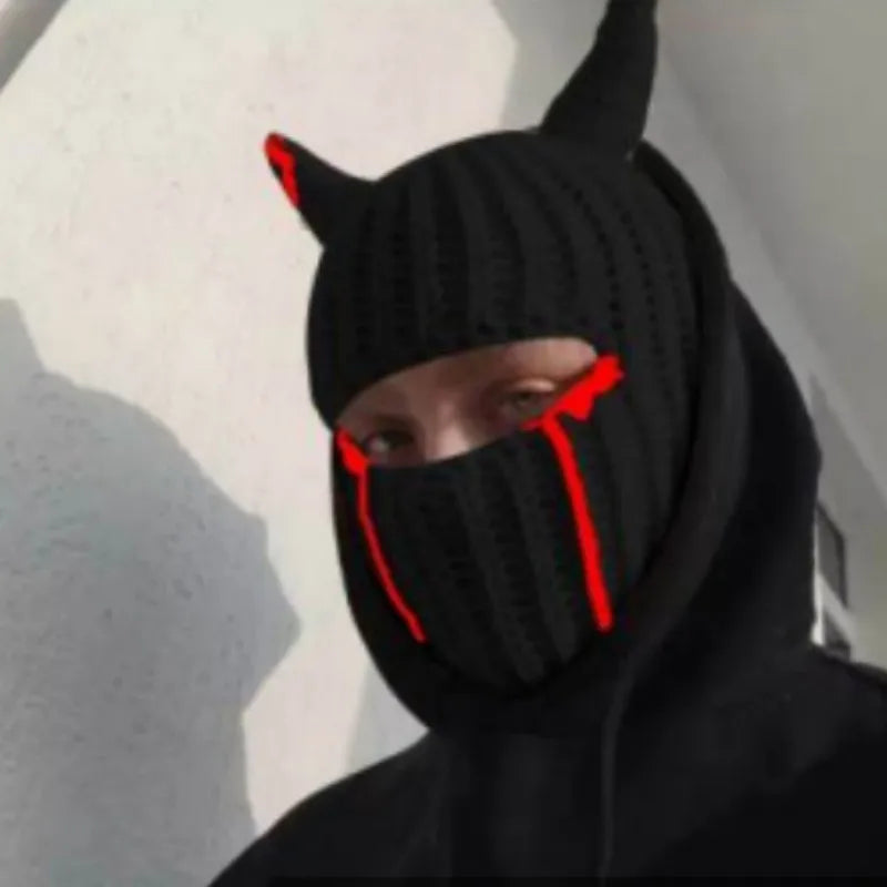 Funny Horns Knitted Hat Cosplay Halloween Masquerade Beanies Warm Full Face Cover Ski Mask Hat Windproof Helmet Trick Scare Prop