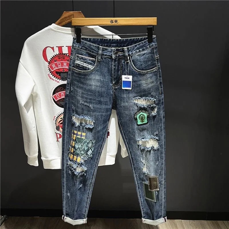 Spring and Autumn New Men's Fashion Trend Ripped Patch Small Foot Pants Men's Casual Slim Comfortable High-Quality Jeans