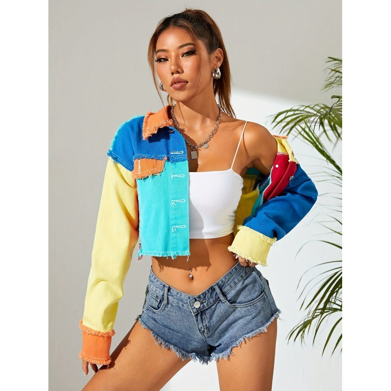 Personalized American-style Colorful Street Denim Short Top For Women