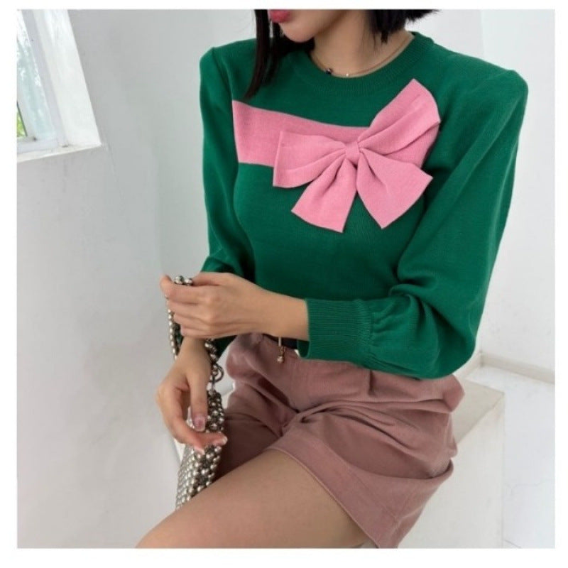 South Korea Contrast Color Sweet Big Bow Knitted Sweater