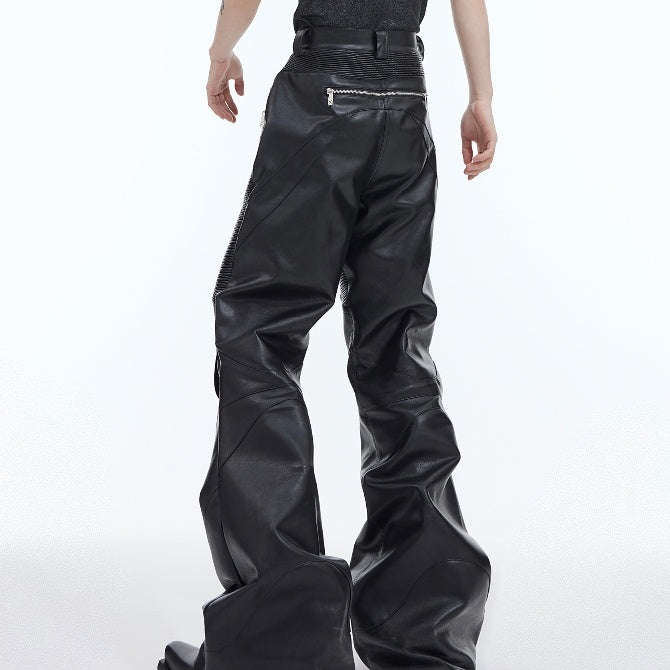 Deconstructing Three-dimensional Stitching Punk Leather Pants Metal Zipper Embellished Bootcut Casual Trousers