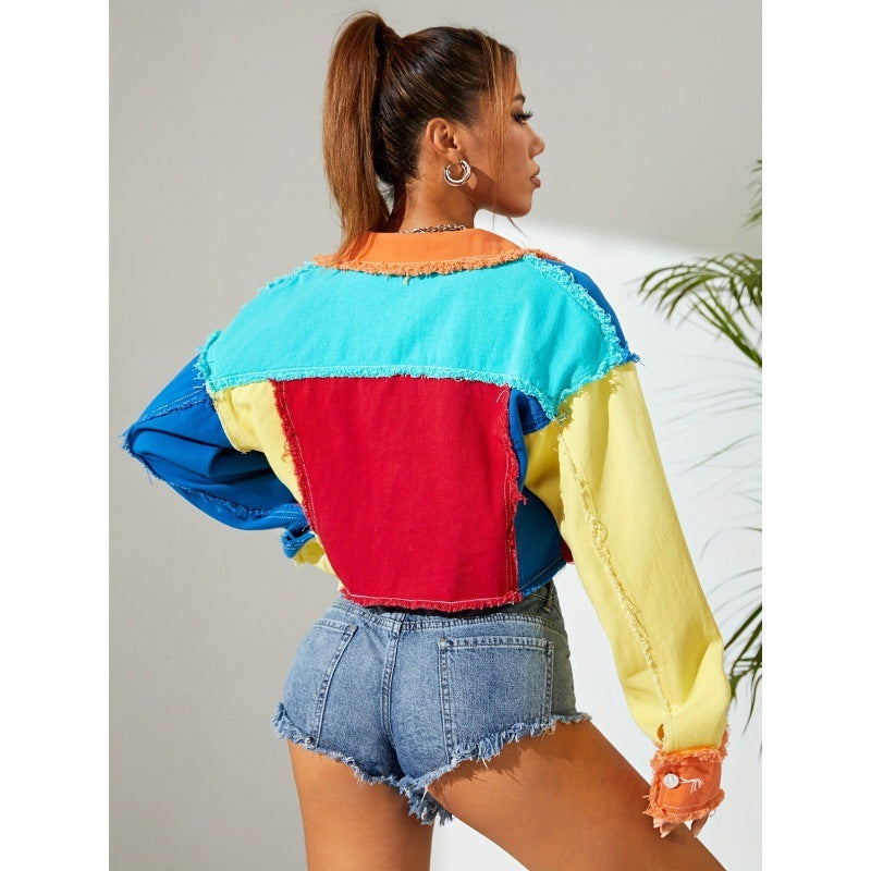 Personalized American-style Colorful Street Denim Short Top For Women