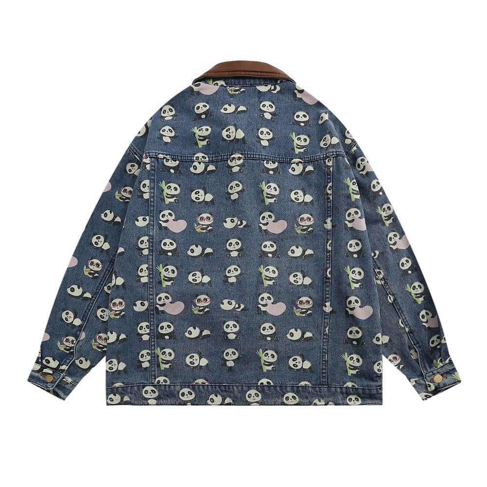 Full Printed Cartoon Lesser Panda Printed Denim Shirt Coat Men