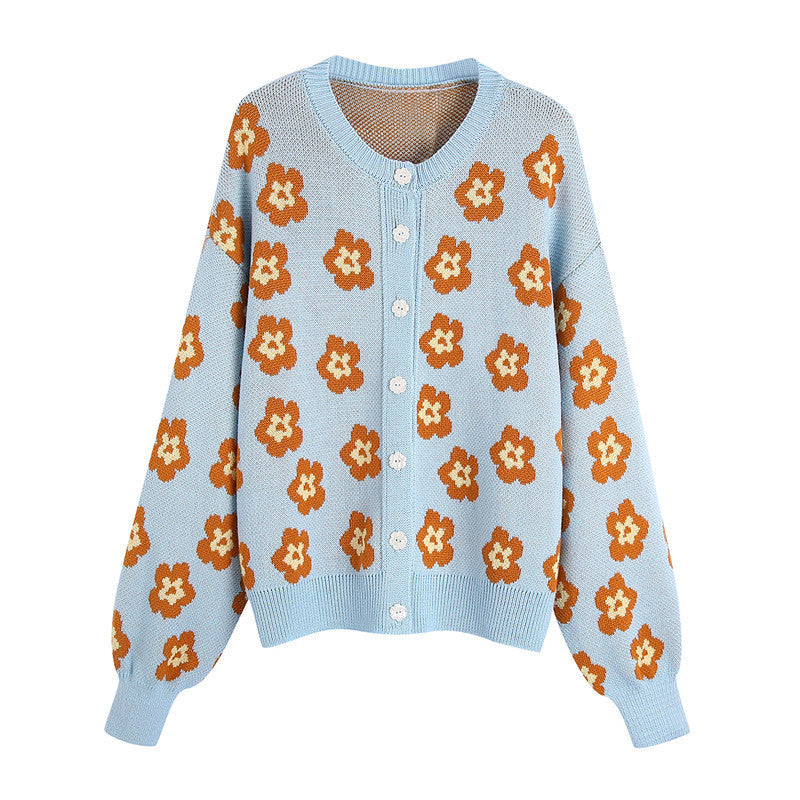 Women's New Flower Pattern Jacquard Knit Sweater Cardigan Jacket
