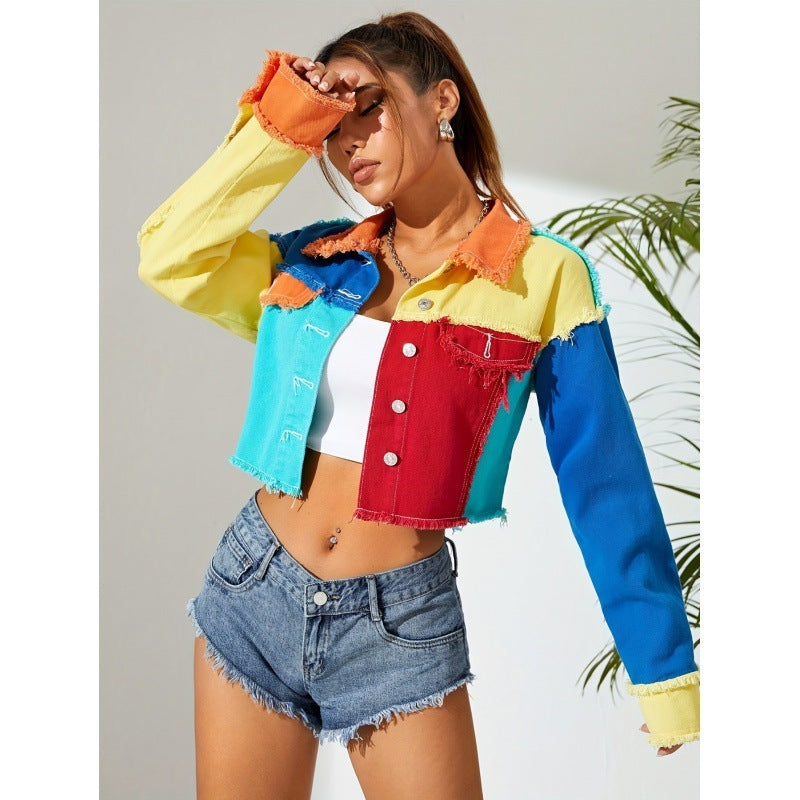 Personalized American-style Colorful Street Denim Short Top For Women