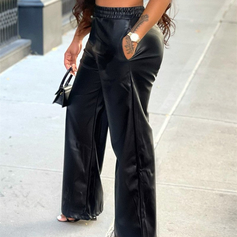 Women's Fashion Solid Color Loose Wide Leg Pocket PU Leather Pants