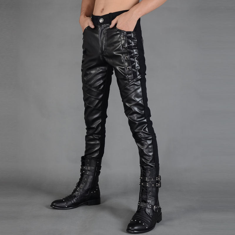 Men's Casual Autumn And Winter Men's Tight-fitting Zipper Stitching Leather Pants