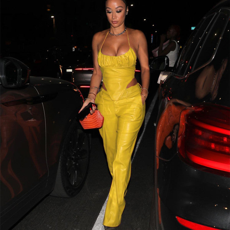 Women's Sexy Skinny PU Leather Pants Suit With Waist