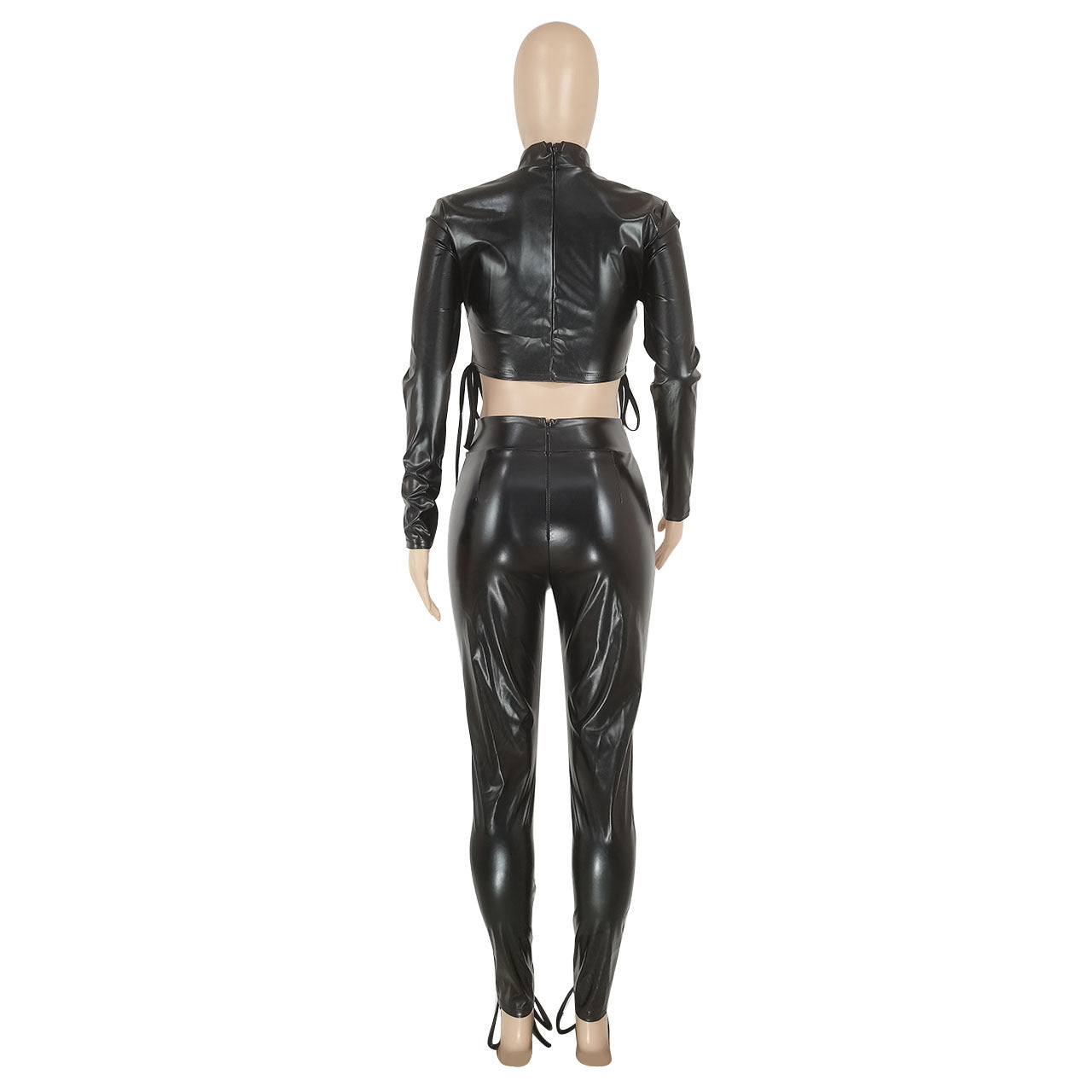 Sexy Slim-fit Lace Up Short Top Leather Pants Suit