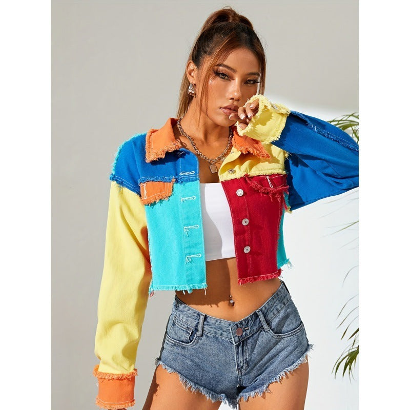 Personalized American-style Colorful Street Denim Short Top For Women