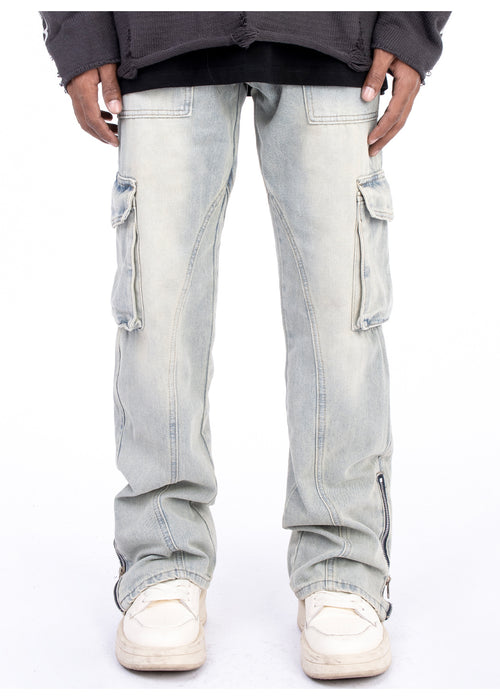 American Style Autumn And Winter Washed And Made Old Micro Elastic Jeans With Zipper Design At The Hem For Casual Pants