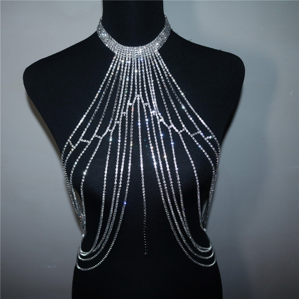 Fashion Exaggerated Long Tassel Rhinestone Chest Chain Accessories