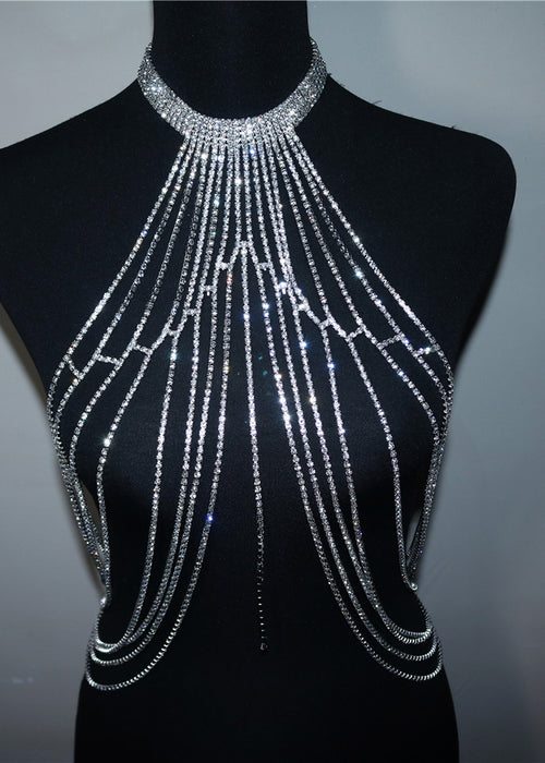 Fashion Exaggerated Long Tassel Rhinestone Chest Chain Accessories