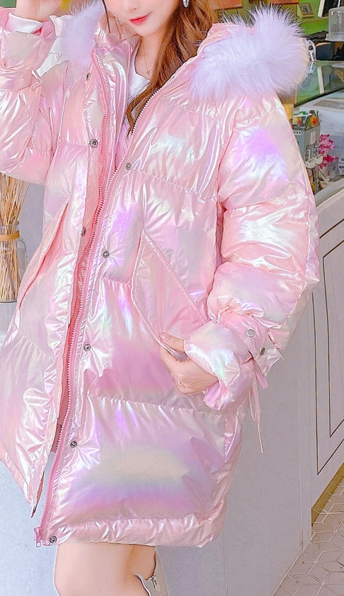 Colorful Shell-colored Down Jacket With Large Fur Collar