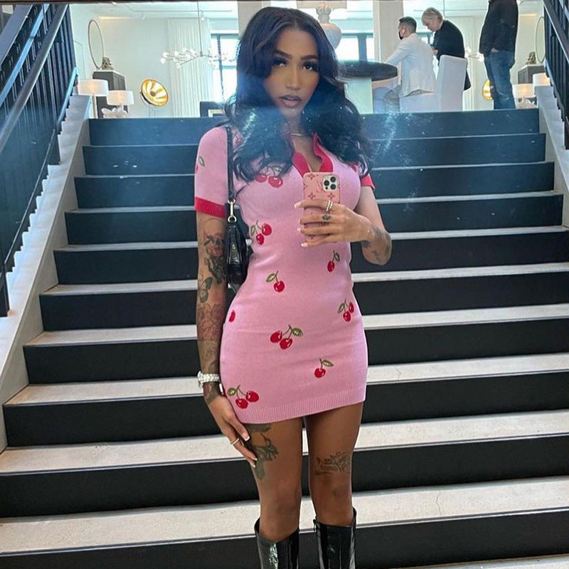 Slim Waist Colorblock Cherry Print Wool Dress