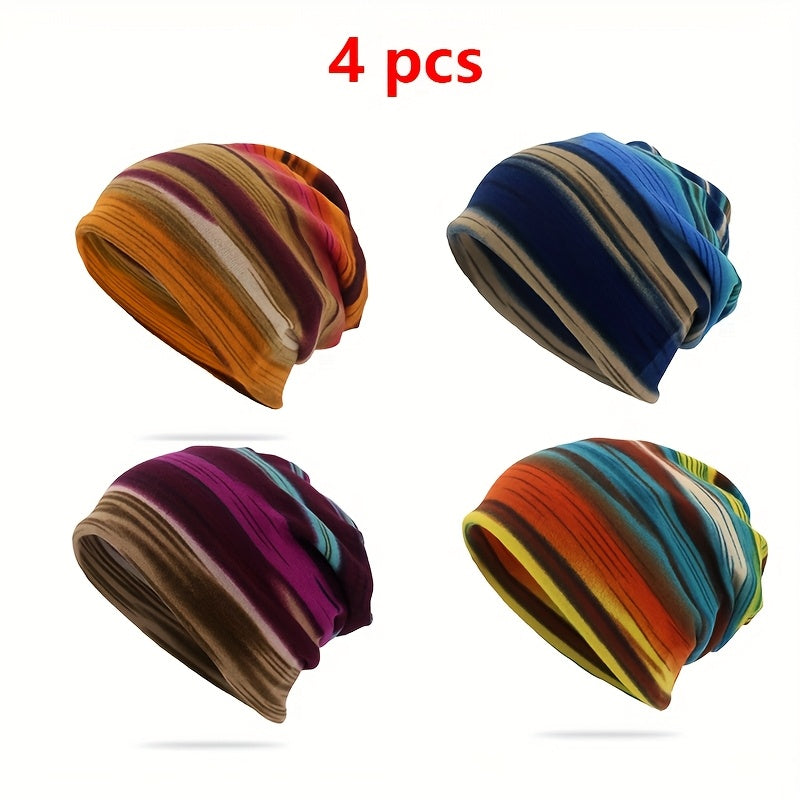 4pcs Striped Beanie Hats - Multifunctional, Casual Pullover Caps for Men & Women, Perfect for Outdoor Activities, Travel - Hand Washable