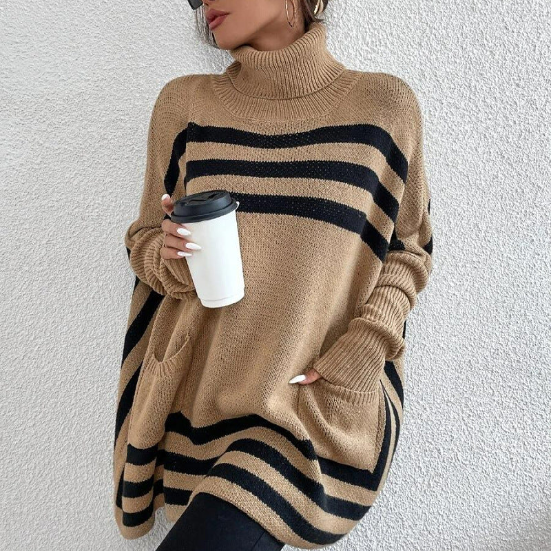 Turtleneck Striped Batwing Sleeve Cape And Shawl Sweater Coat