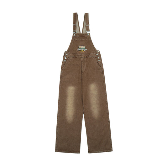 Vintage Washed White Denim Suspender Pants For Men