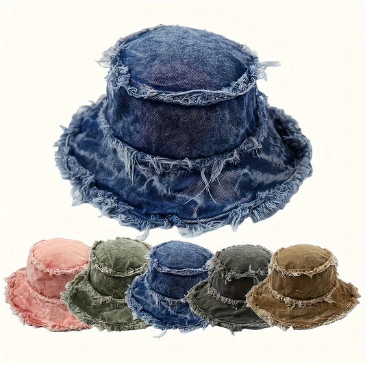 1pc Retro Bucket Hat, Frayed Denim Bucket Hats, Wide Brim Outdoor Sun Hats, Summer Beach Cap