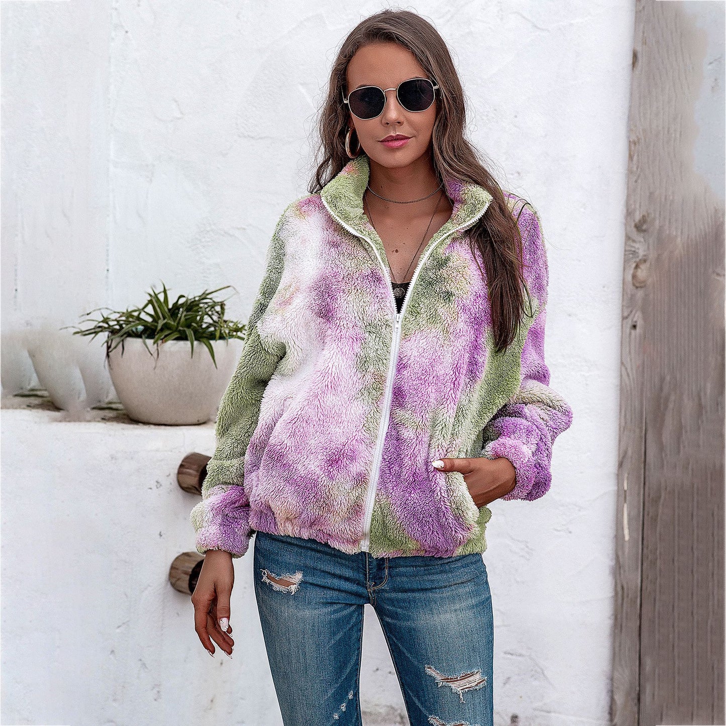 Ladies tie-dye plush coat with zipper top