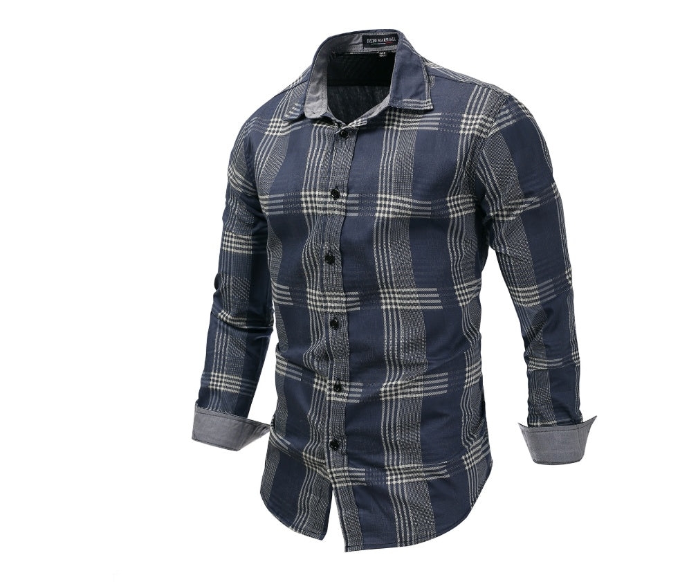 Large size men's denim long sleeve plaid shirt shirt