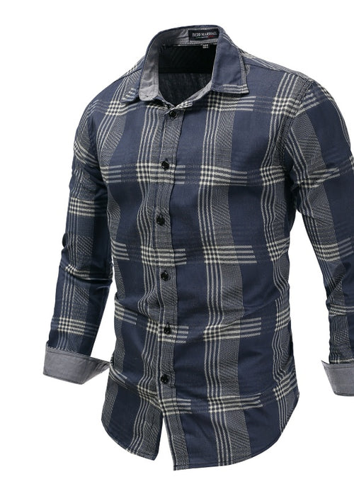 Large size men's denim long sleeve plaid shirt shirt