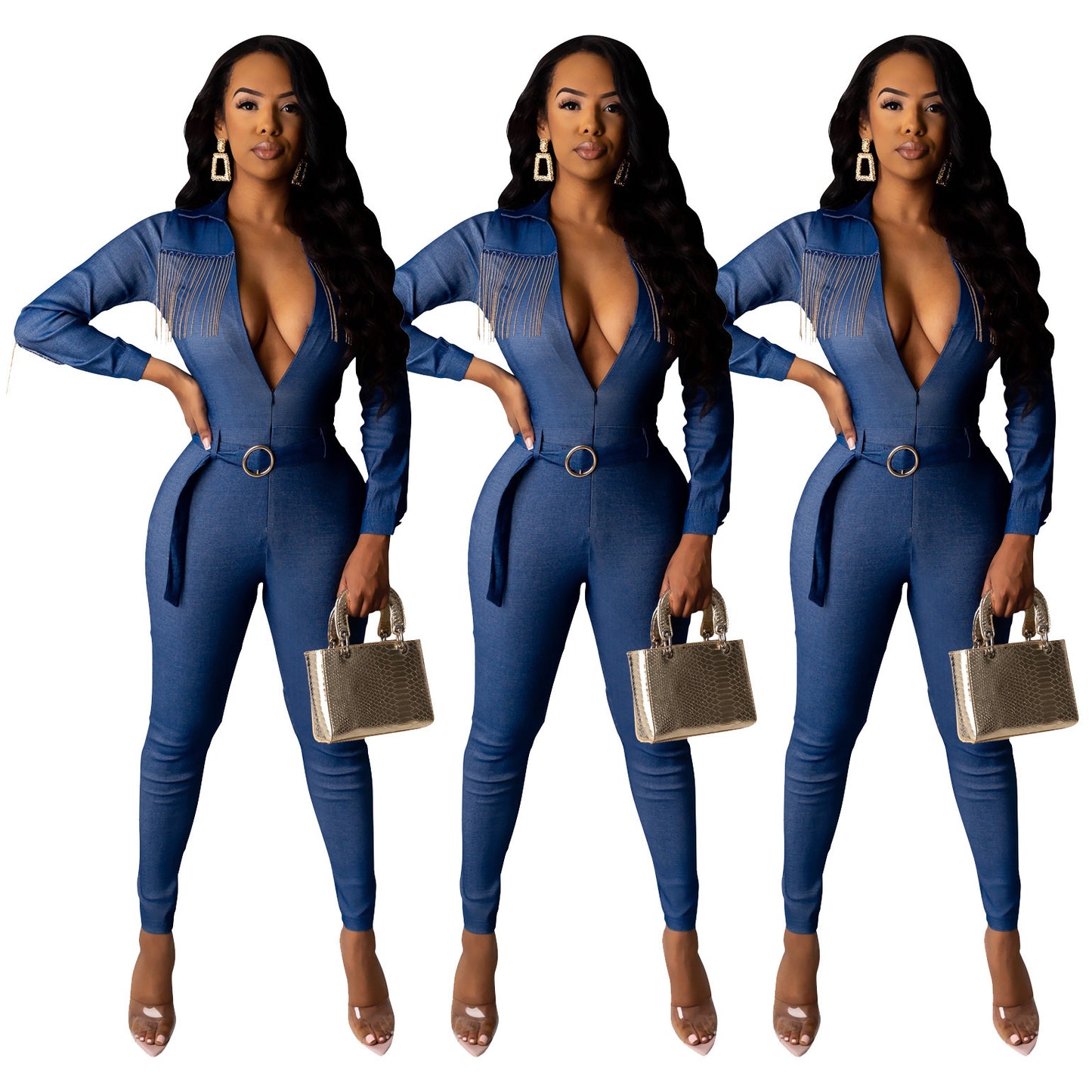 Denim fringed solid color jumpsuit (with belt)