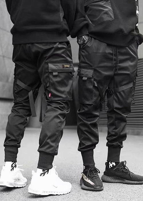 Ribbons Harem Joggers Men Cargo Pants Streetwear Hip Hop Casual Pockets Cotton Track Pants