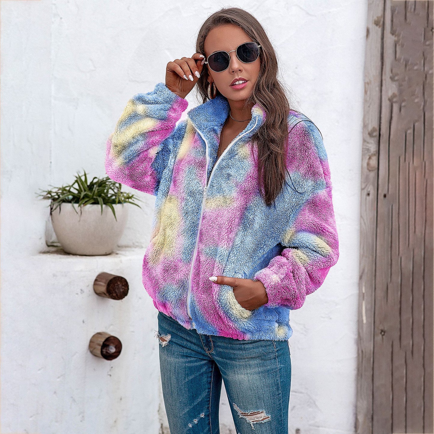 Ladies tie-dye plush coat with zipper top