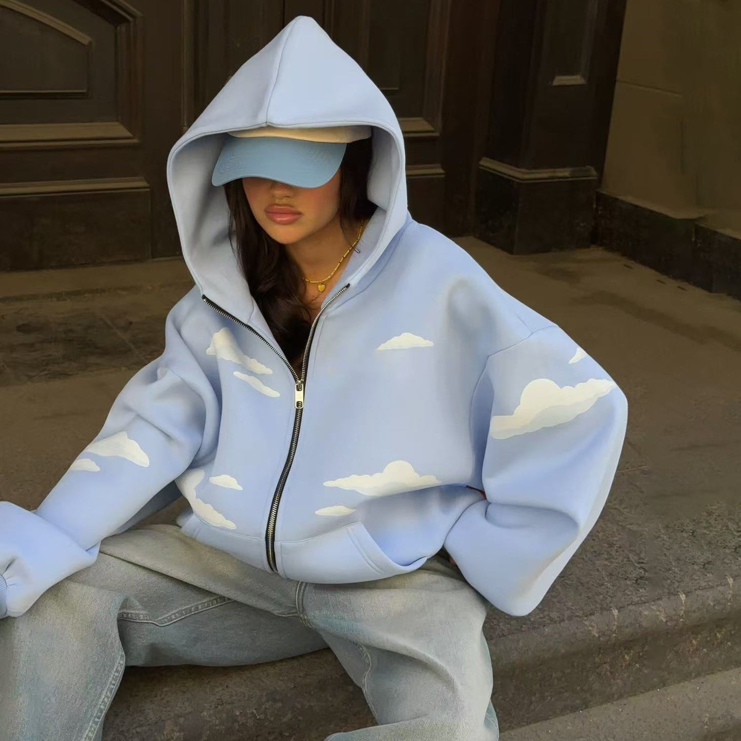Cloud Print Zipper Hooded Sweaters Women's Clothing