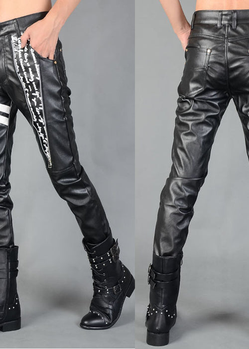 Men's Casual Autumn And Winter Men's Tight-fitting Zipper Stitching Leather Pants